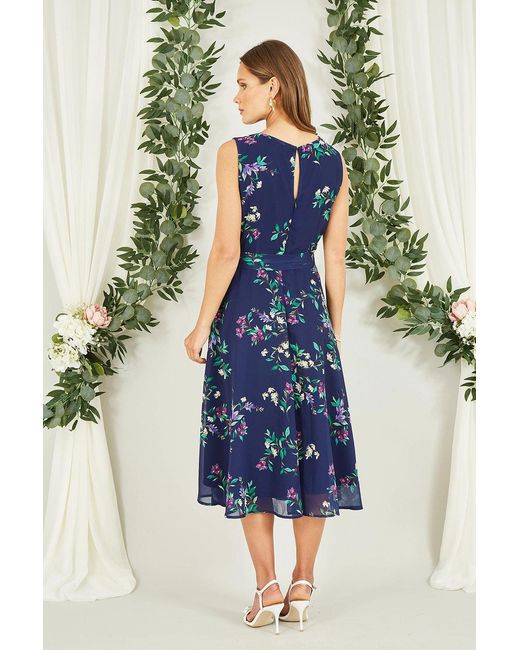 Yumi' Blue Floral Print Midi Skater Dress