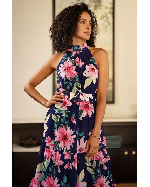 Yumi' Blue Floral Halter Neck Midi Dress With Matching Belt