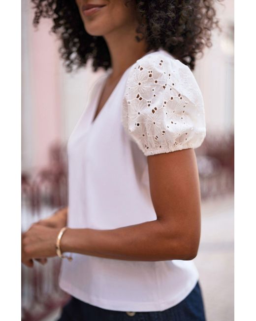 Yumi' White Cotton Jersey T-Shirt With Lace Sleeves