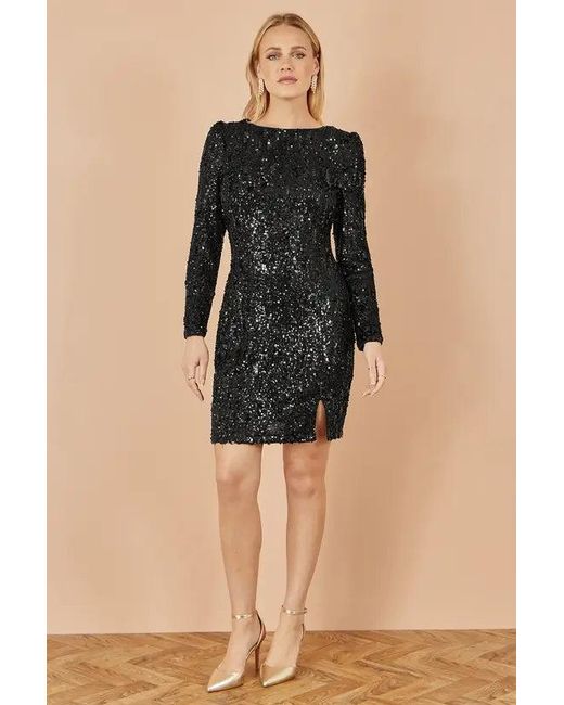 Yumi' Black Sequin Long Sleeve Fitted Dress