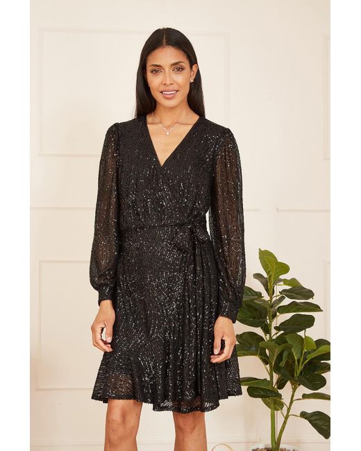 Mela Black Sequin Long Sleeve Frill Wrap Dress