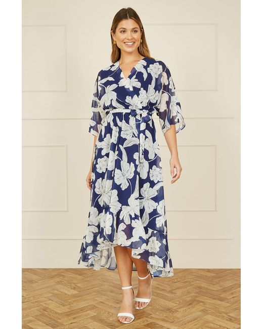 Yumi' Blue Mesh Bird And Floral Print Midi Dress With Ruffles