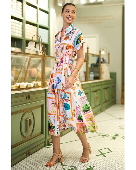 Yumi' Green Tropical Postcard Print Relaxed Midi Shirt Dress