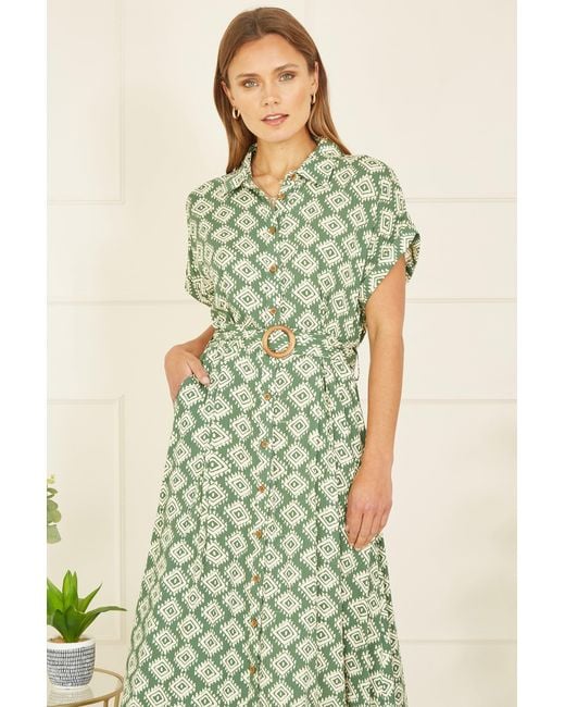 Yumi' Green Viscose Midi Shirt Dress With Matching Belt