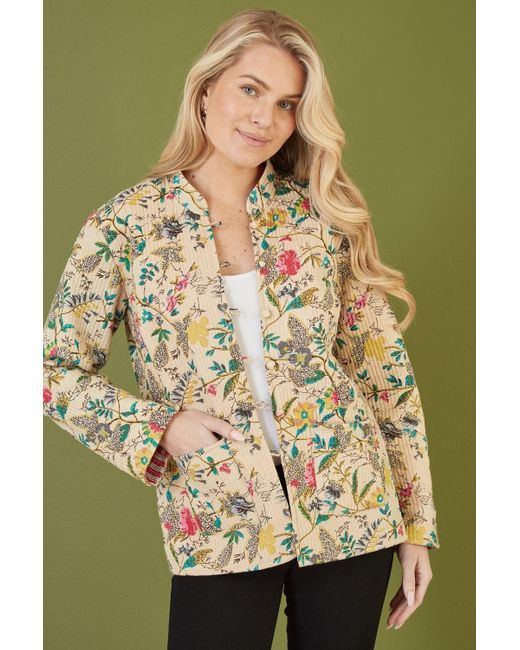 Yumi' Green Stone Floral Print Reversible Cotton Quilted Jacket