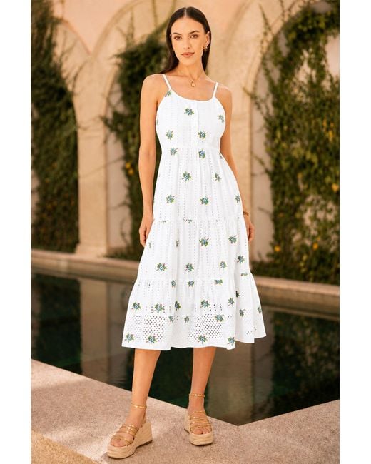 Yumi' Blue Cotton Embroidered Broderie Anglaise Midi Sun Dress
