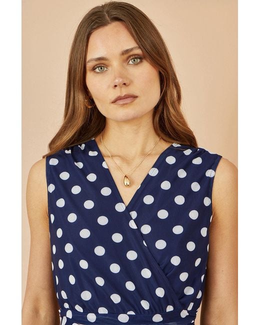 Yumi' Blue Polka Dot Mesh Wrap Skater Dress With Pockets