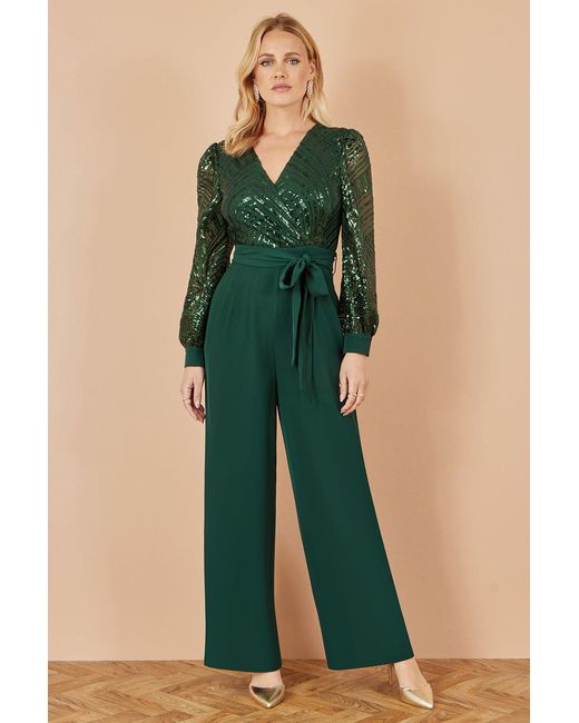 Yumi' Green Sequin Wrap Over Jumpsuit
