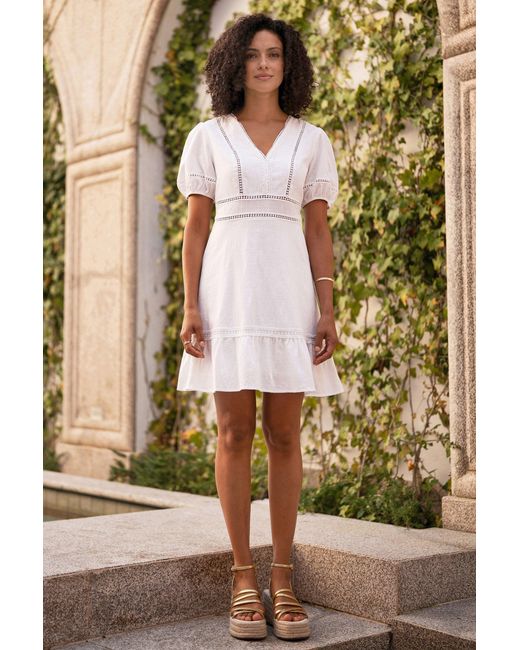 Yumi' White Lace Trim V Neck Dress