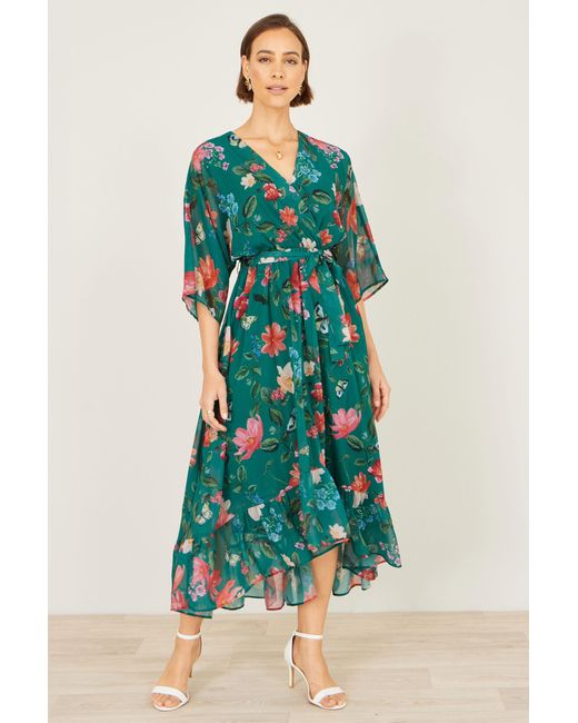 Yumi' Green Floral Kimono Wrap Dress With Dip Hem