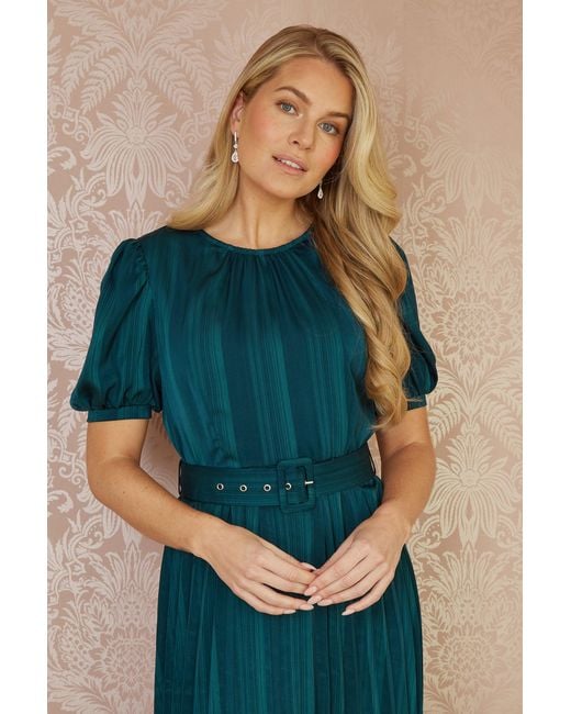 Yumi' Blue Satin Striped Midi Dress With Pleats And Matching Belt