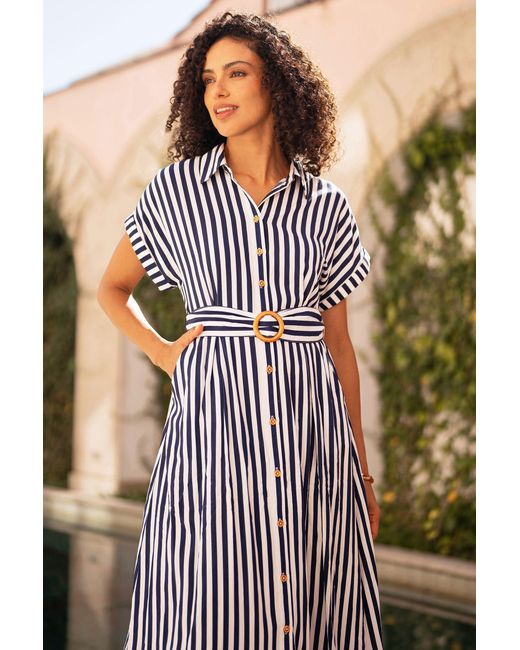 Yumi' Black Stripe Print Relaxed Midi Shirt Dress With Belt