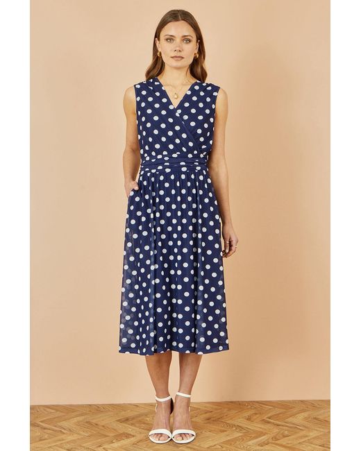 Yumi' Blue Polka Dot Mesh Wrap Skater Dress With Pockets