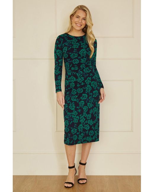 Yumi' Blue Floral Fitted Mesh Midi Dress With Long Sleeves