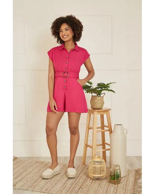 Yumi' Pink Cotton Twill Button Up Playsuit With Matching Belt