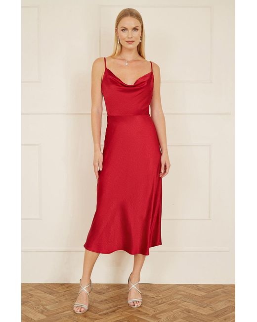 Yumi' Red Satin Cowl Neck Midi Slip Dress