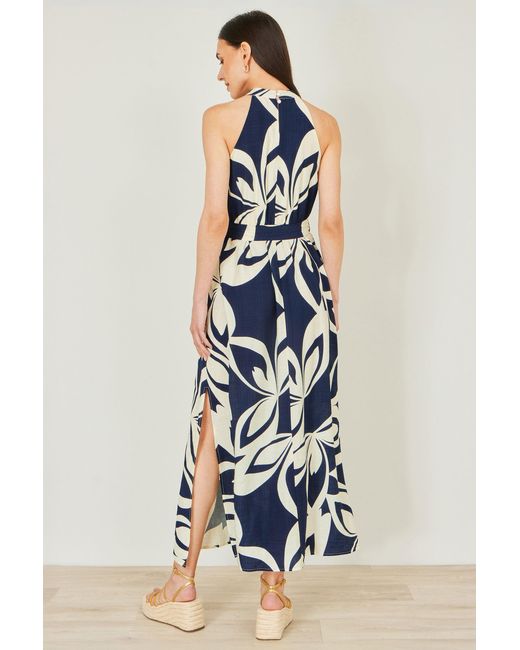Yumi' Blue Geo Swirl Print Halter Maxi Dress