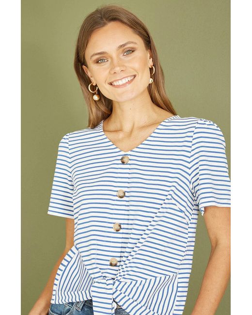 Yumi' Blue Striped Jersey Button Detail Top