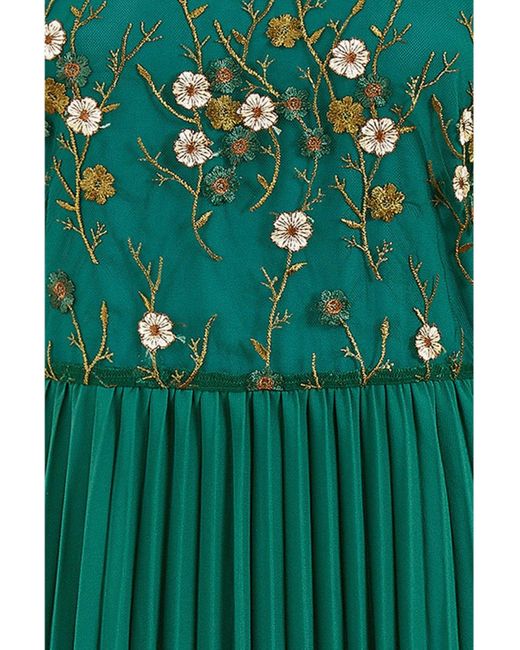 Yumi' Green Embroidered Long Sleeve Pleated Midi Dress