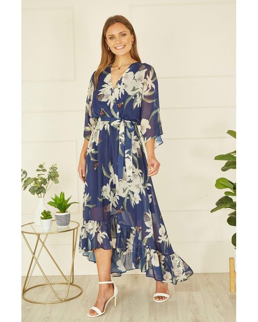 Yumi' Blue Floral Kimono Sleeves Dip Hem Wrap Midi Dress