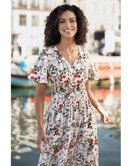 Yumi' White Botanical Print Viscose Midi Dress