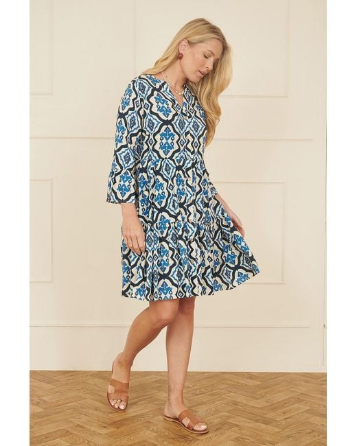 Yumi' Blue Viscose Ikat Print 3/4 Sleeve Tunic Dress