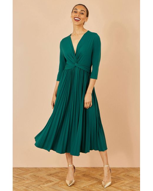 Yumi' Green Jersey Knot Waist Pleated Midi Dress