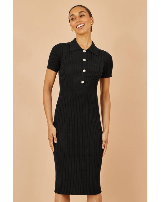 Yumi' Black Fitted Rib Knitted Midi Dress With Daisy Buttons