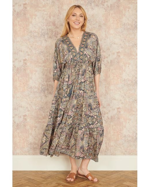 Yumi' Natural Multicolour Paisley Print Midi Kimono Dress With Tie Back