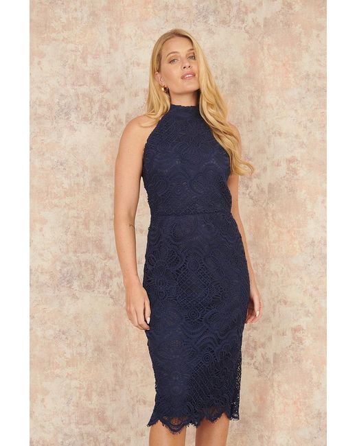 Yumi' Blue Lace Halter Neck Dress