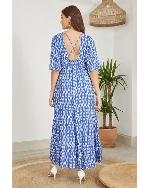 Yumi' Blue Aztec Print Maxi Dress With Cross Over Back