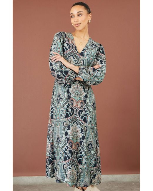 Yumi' Blue Paisley Print Midi Dress