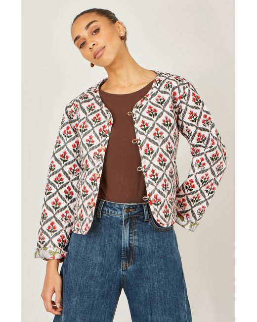 Yumi' White Peacock Print Reversible Cotton Quilted Jacket