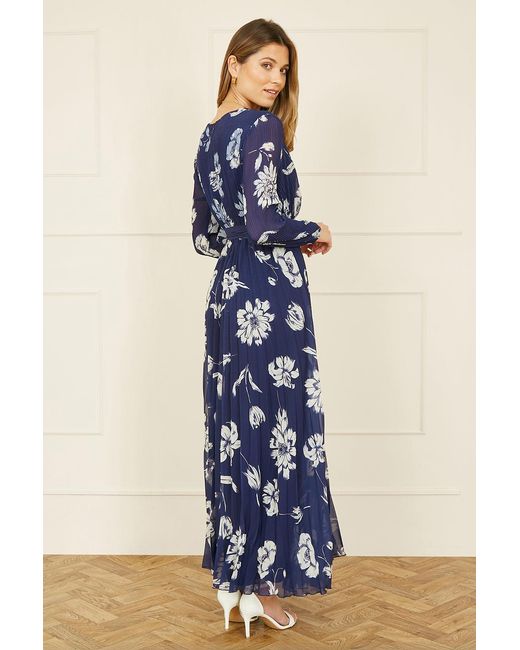 Yumi' Blue Floral Pleated Midi Wrap Long Sleeve Dress