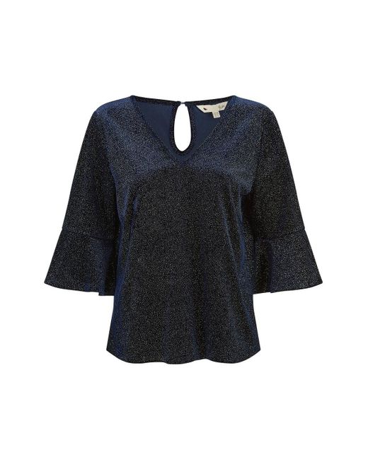 Yumi' Black Sparkle Velvet Relaxed Fit Top With Fluted Sleeves