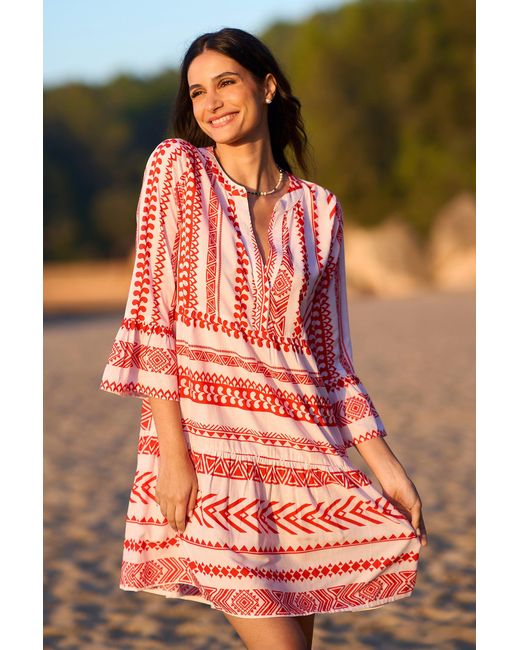 Yumi' Red Geo Stripe Print Beach Tunic