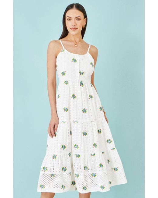 Yumi' Blue Cotton Embroidered Broderie Anglaise Midi Sun Dress