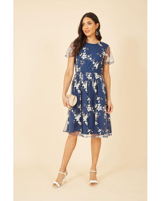 Yumi' Blue Embroidered Floral Skater Dress