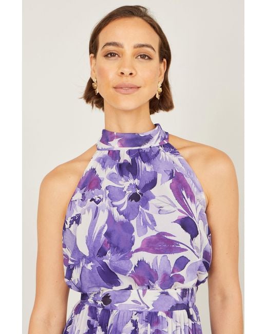 Yumi' Purple Abstract Floral Halter Neck Pleated Midi Dress