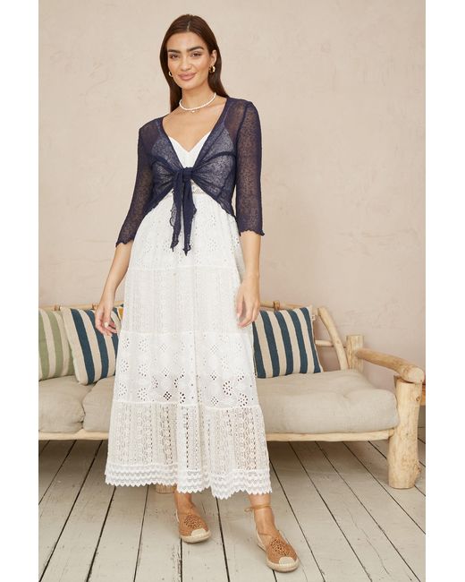 Yumi' Blue Popcorn Yarn Tie Front Bolero