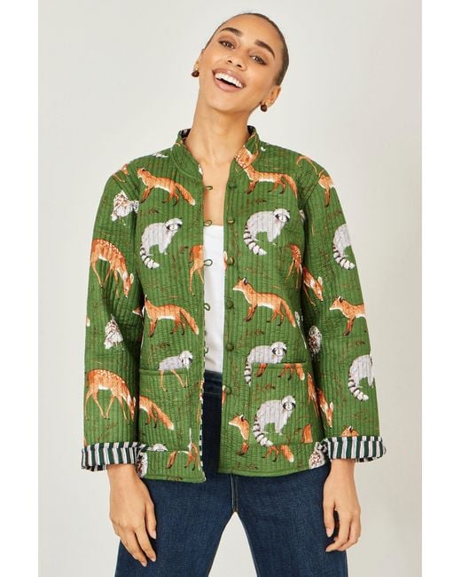 Yumi' Green Fox Print Reversible Cotton Quilted Jacket