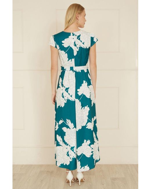 Yumi' Blue Blossom Print Wrap Midi With Dipped Hem