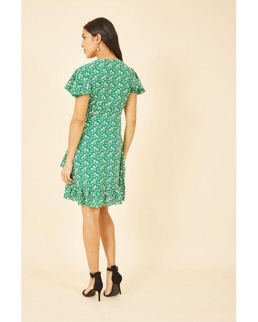Mela Green Ditsy Floral Wrap Frill Dress