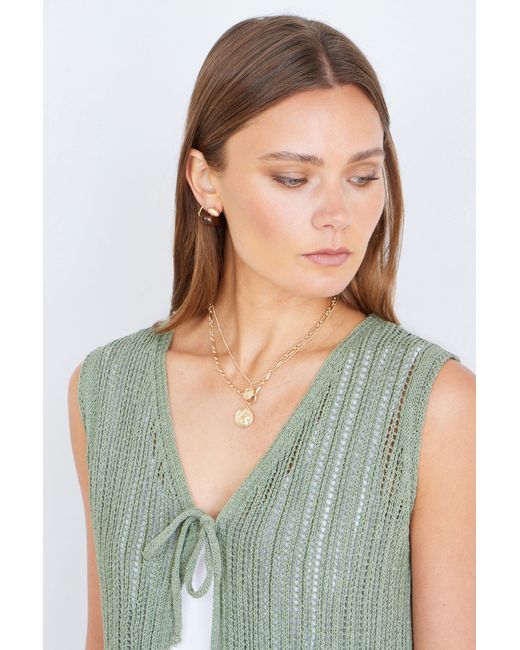 Yumi' Green Knitted Cotton Tie Waistcoat Top