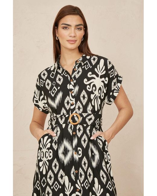 Yumi' Natural Abstract Geo Print Relaxed Midi Shirt Dress With Belt