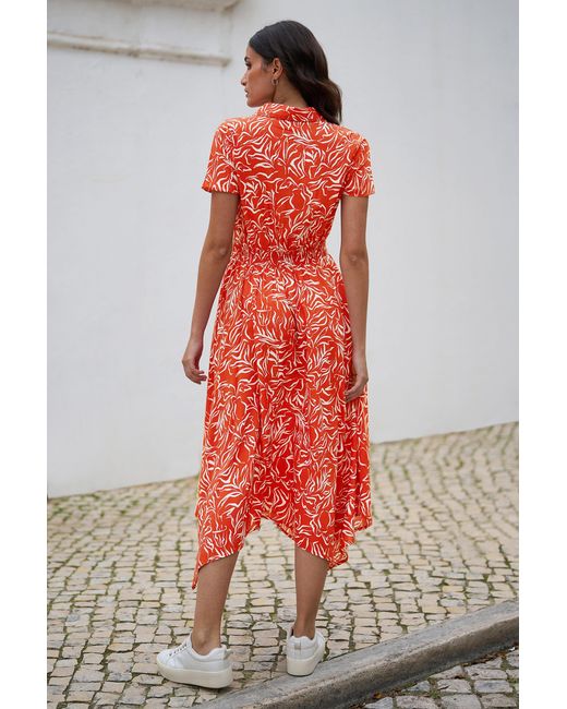 Yumi' Red Tropical Leaf Print Midi Ruched Shirt Dress