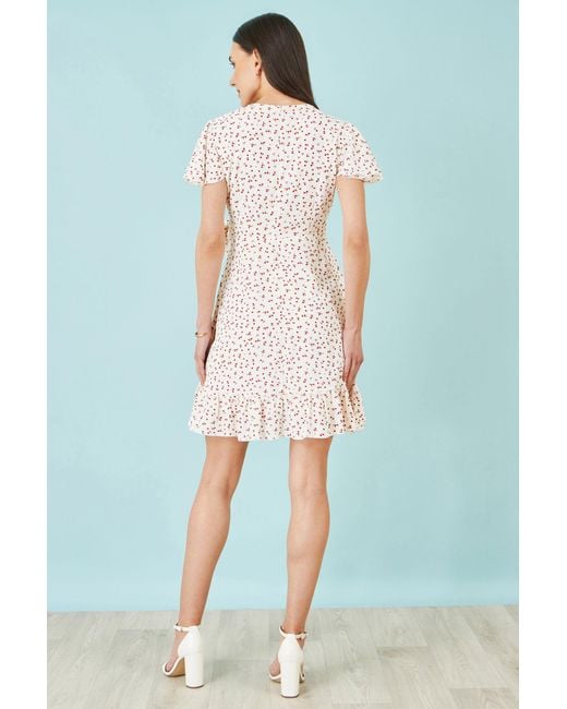 Yumi' White Ditsy Print Frill Wrap Dress
