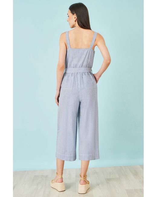 Yumi' Blue Cotton Stripe Button Through Jumpsuit