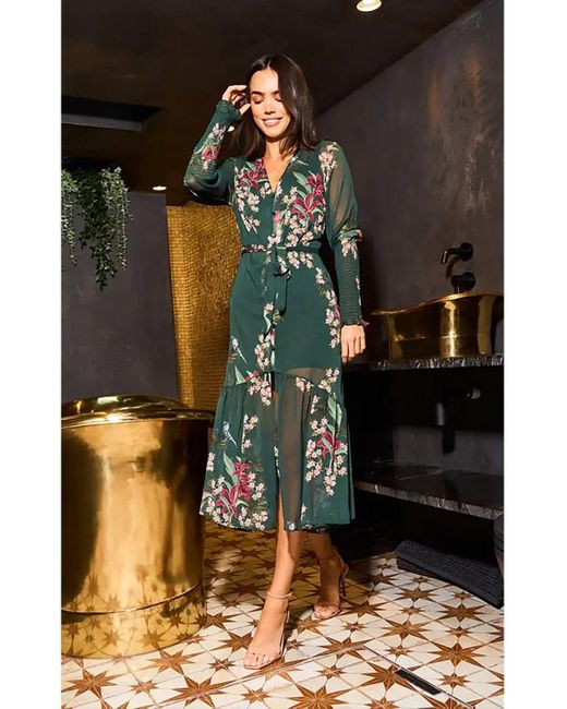Yumi' Black Urban Touch Floral Print Long Sleeve Midi Dress