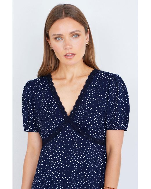 Yumi' Blue Spot Print Lace Trim Skater Dress